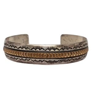 Native American Signed R Sterling Silver Gold Accent Stamped Cuff Bracelet 20838